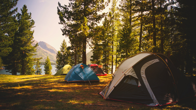 Camping bien rangé au lever du soleil