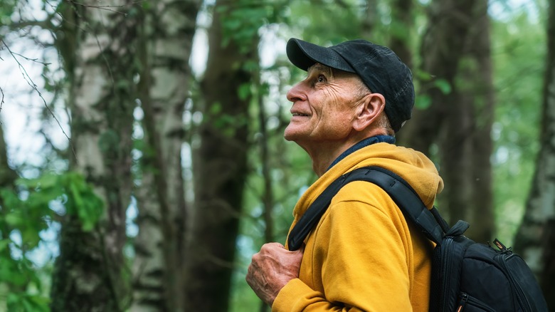 Randonneur mature regardant vers le haut dans les bois