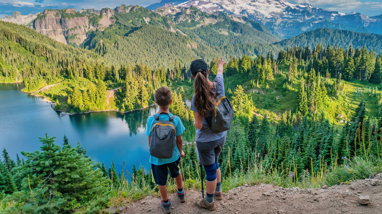 Mère et fils debout sur une montagne surplombant la forêt