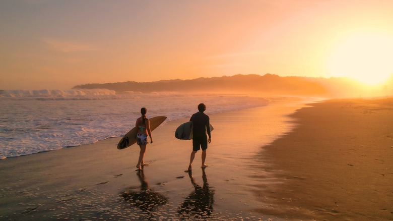 Surfeurs sur la plage au coucher du soleil