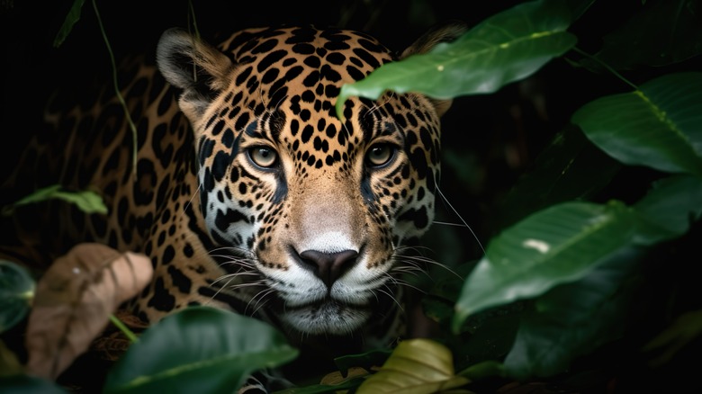 Visage de jaguar entre les feuilles